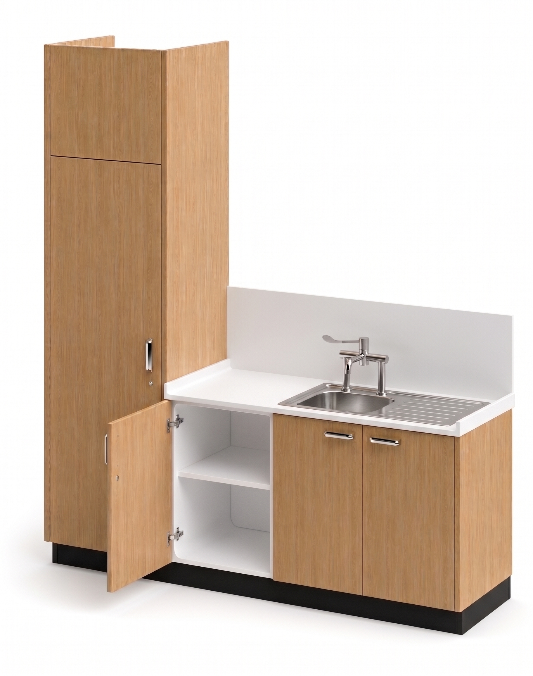 Angled view of NexGen seamless healthcare cabinetry with tall storage unit, base cabinets and clinical sink